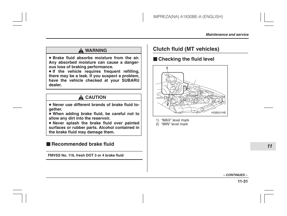 Recommended brake fluid, Clutch fluid (mt vehicles), Checking the fluid level | Subaru 2002 Impreza User Manual | Page 328 / 390
