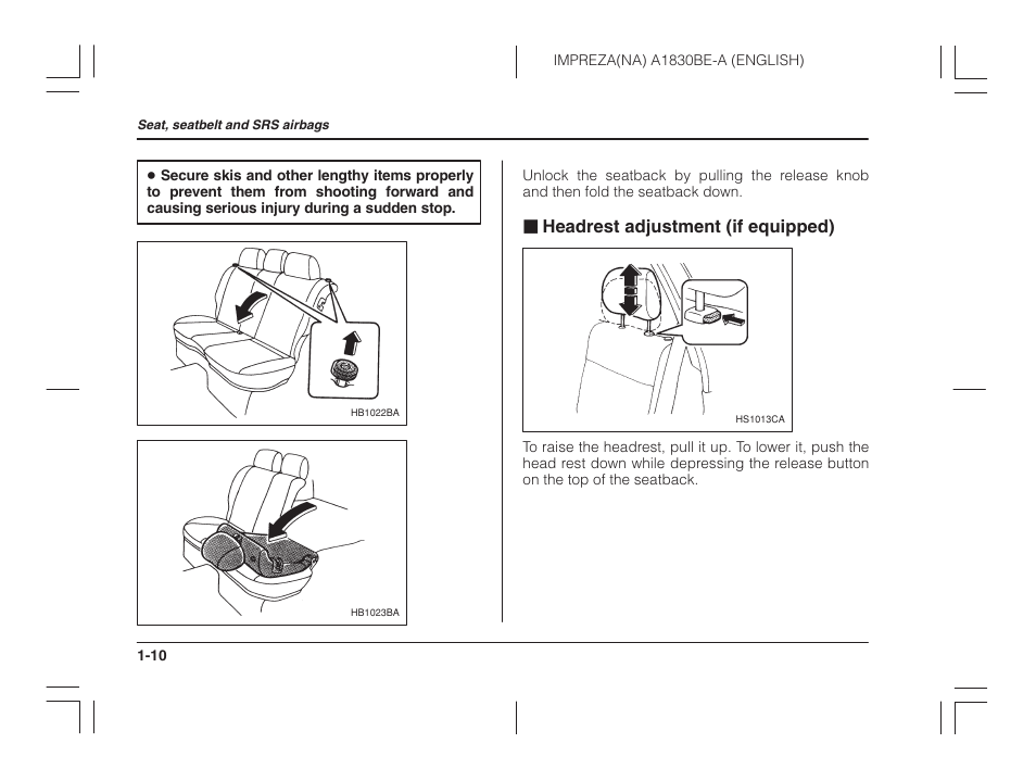 Headrest adjustment (if equipped), J headrest adjustment (if equipped) | Subaru 2002 Impreza User Manual | Page 33 / 390