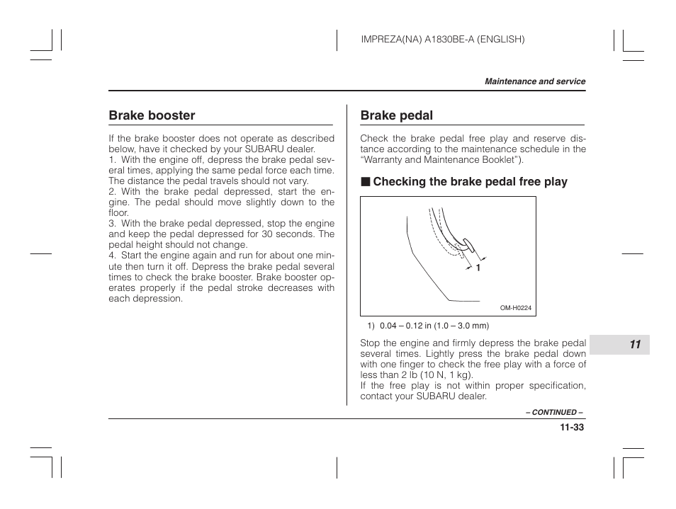Brake booster, Brake pedal, Checking the brake pedal free play | Subaru 2002 Impreza User Manual | Page 330 / 390