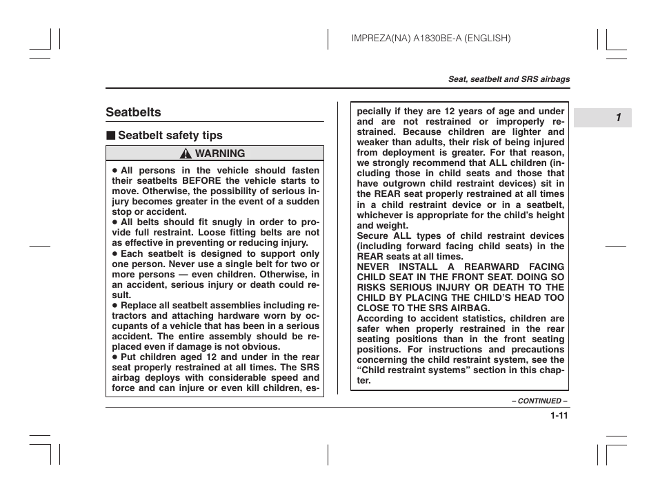 Seatbelts, Seatbelt safety tips | Subaru 2002 Impreza User Manual | Page 34 / 390