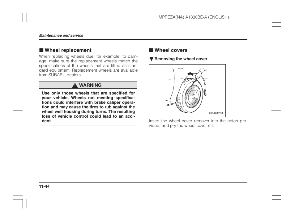 Wheel replacement, Wheel covers | Subaru 2002 Impreza User Manual | Page 341 / 390