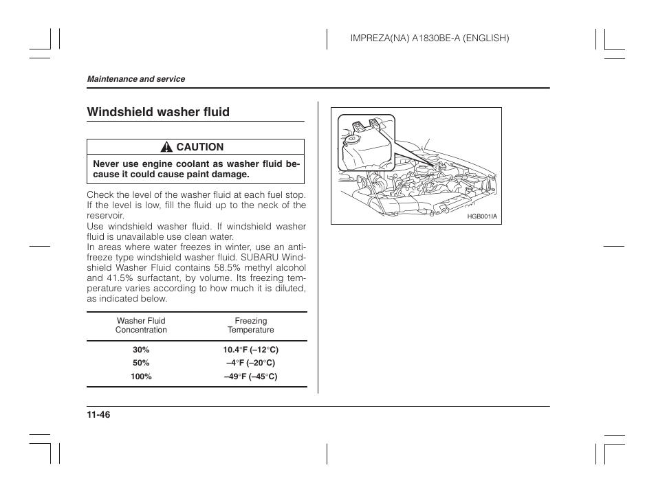 Windshield washer fluid | Subaru 2002 Impreza User Manual | Page 343 / 390