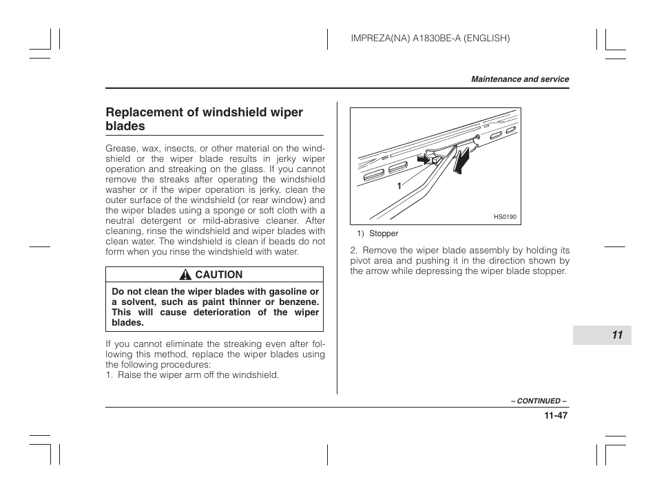 Replacement of windshield wiper blades | Subaru 2002 Impreza User Manual | Page 344 / 390