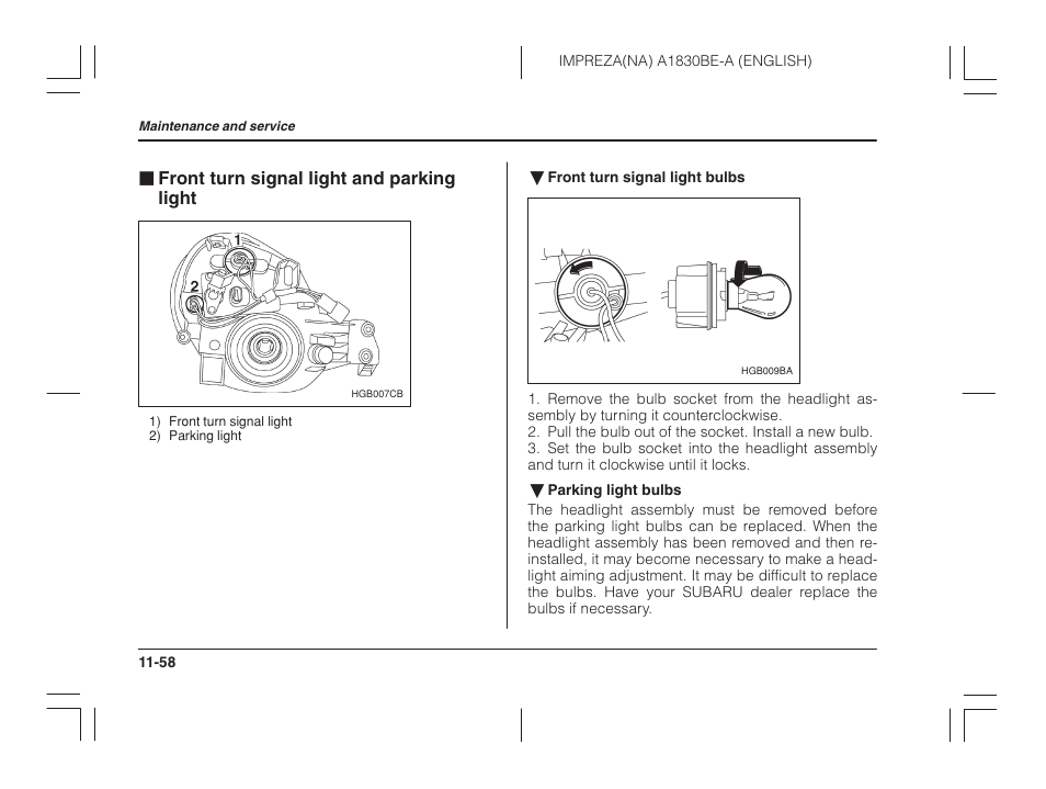 Front turn signal light and parking light | Subaru 2002 Impreza User Manual | Page 355 / 390