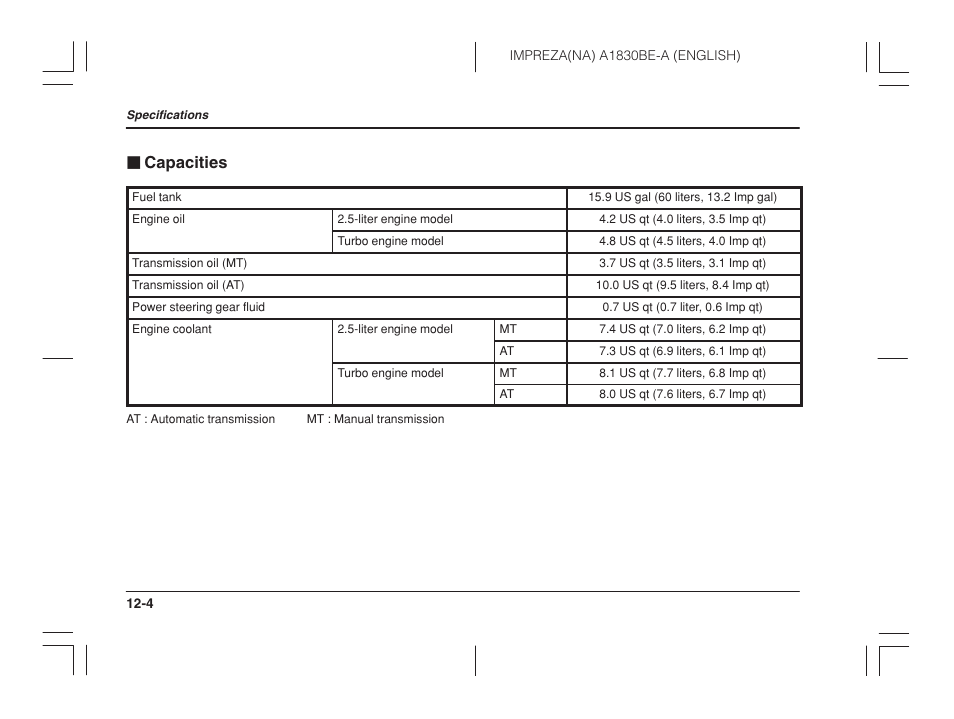 Capacities, J capacities | Subaru 2002 Impreza User Manual | Page 369 / 390