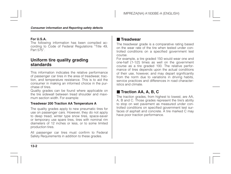 Uniform tire quality grading standards, Treadwear, Traction aa, a, b, c | Subaru 2002 Impreza User Manual | Page 377 / 390