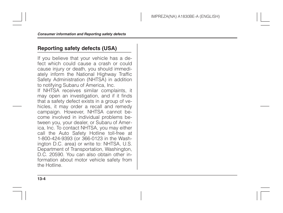 Reporting safety defects (usa) | Subaru 2002 Impreza User Manual | Page 379 / 390