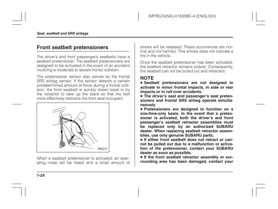 Front seatbelt pretensioners | Subaru 2002 Impreza User Manual | Page 47 / 390