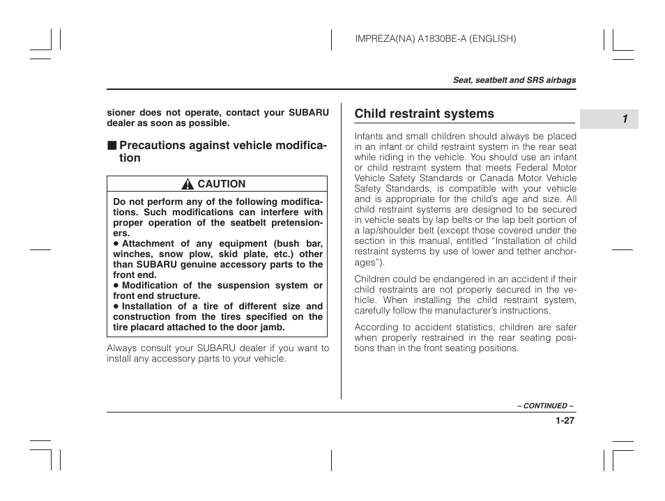 Precautions against vehicle modification, Child restraint systems | Subaru 2002 Impreza User Manual | Page 50 / 390