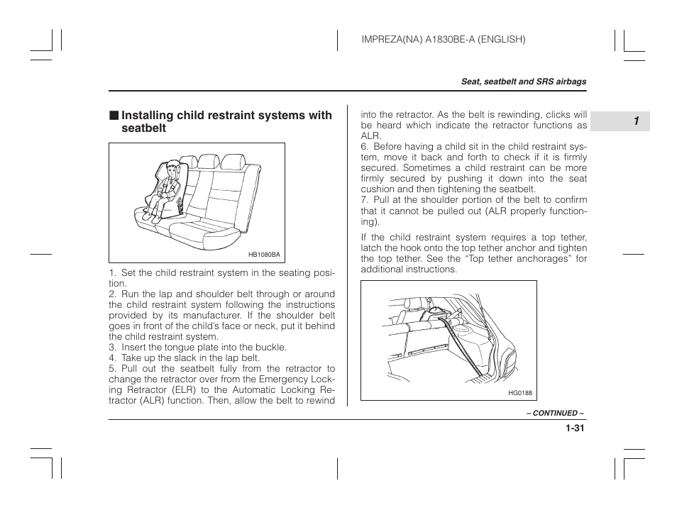Installing child restraint systems with, Seatbelt | Subaru 2002 Impreza User Manual | Page 54 / 390