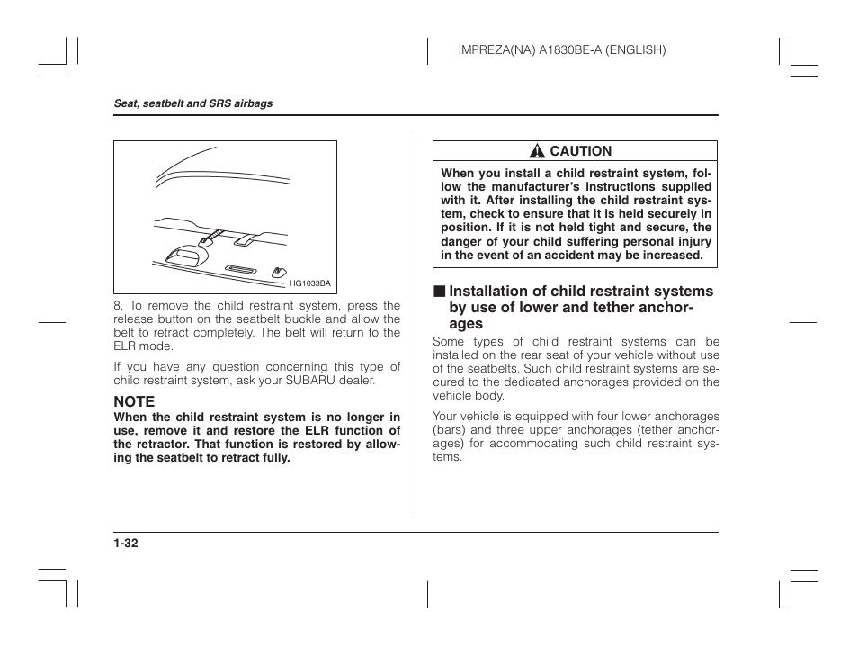 Installation of child restraint systems by, Use of lower and tether anchorages | Subaru 2002 Impreza User Manual | Page 55 / 390