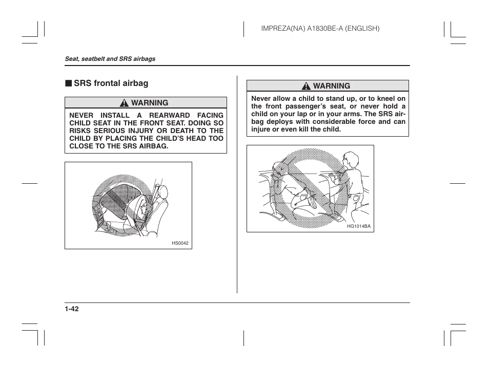 Srs frontal airbag | Subaru 2002 Impreza User Manual | Page 65 / 390