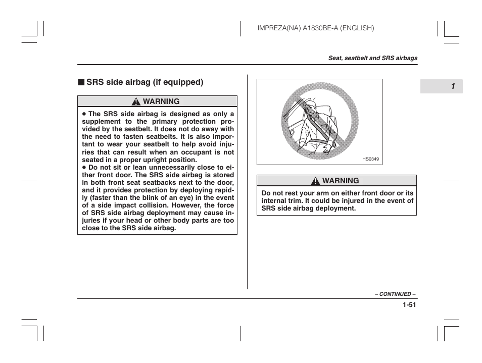 Srs side airbag (if equipped) | Subaru 2002 Impreza User Manual | Page 74 / 390