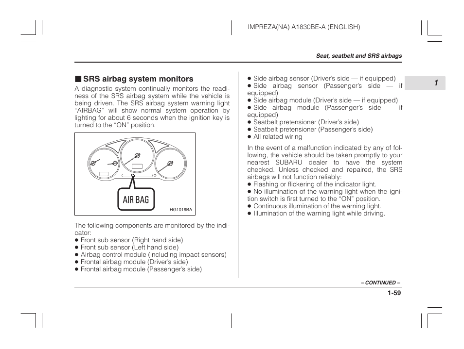 Srs airbag system monitors | Subaru 2002 Impreza User Manual | Page 82 / 390