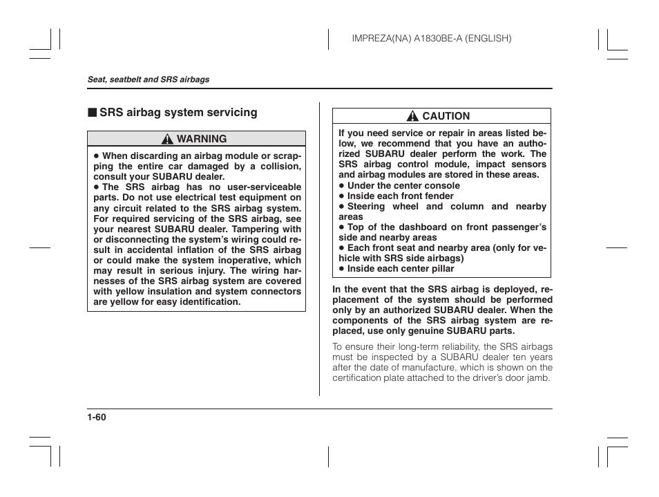 Srs airbag system servicing | Subaru 2002 Impreza User Manual | Page 83 / 390