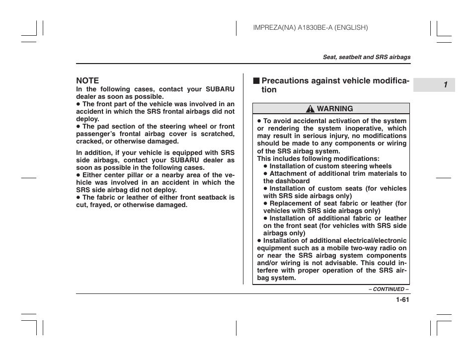 Precautions against vehicle modification | Subaru 2002 Impreza User Manual | Page 84 / 390
