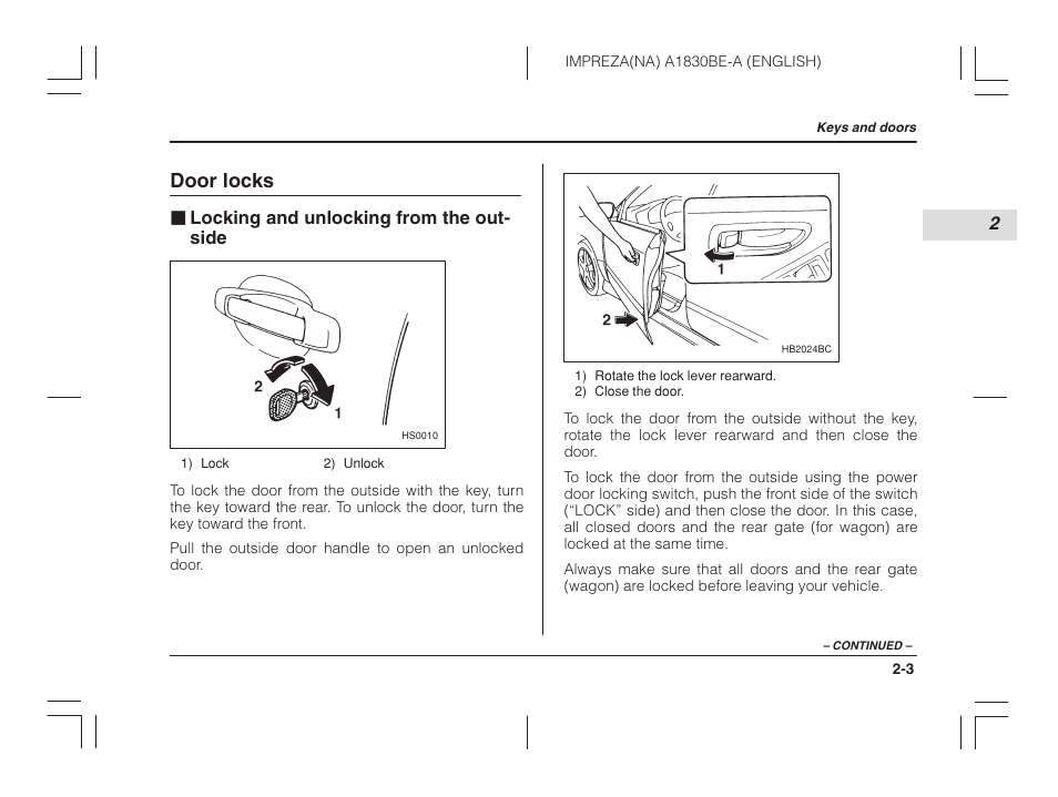 Door locks, Locking and unlocking from the outside | Subaru 2002 Impreza User Manual | Page 88 / 390