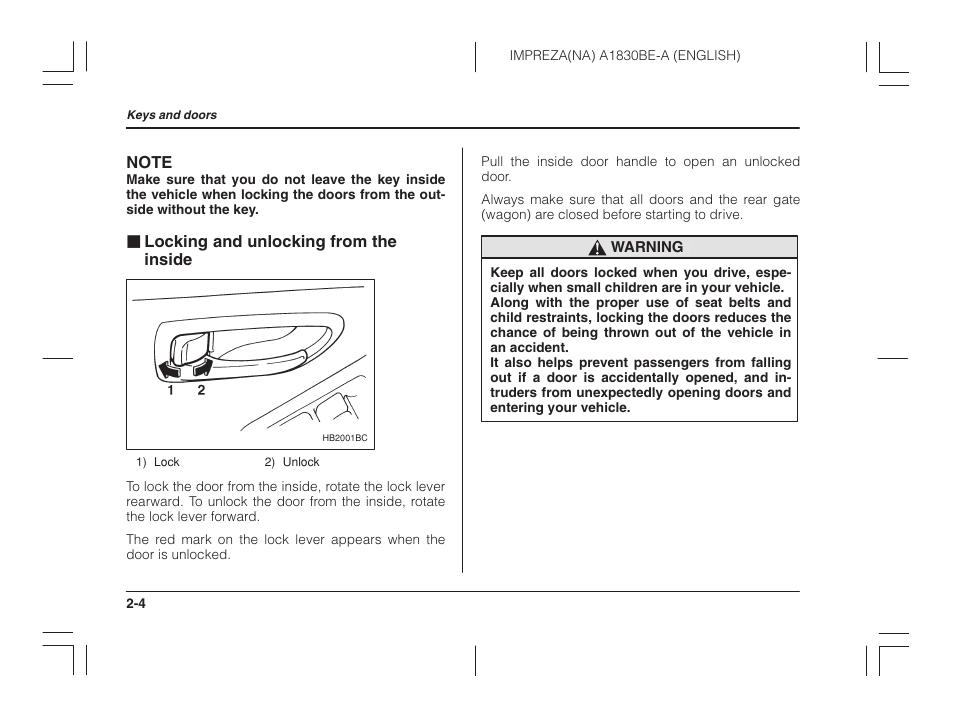 Locking and unlocking from the inside | Subaru 2002 Impreza User Manual | Page 89 / 390