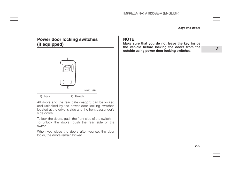 Power door locking switches, If equipped), Power door locking switches (if equipped) | Subaru 2002 Impreza User Manual | Page 90 / 390