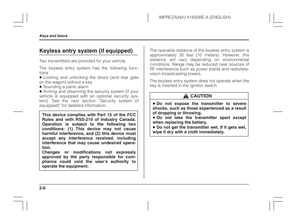Keyless entry system (if equipped) | Subaru 2002 Impreza User Manual | Page 91 / 390