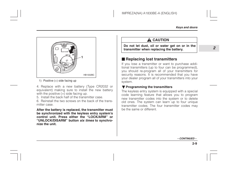 Replacing lost transmitters | Subaru 2002 Impreza User Manual | Page 94 / 390