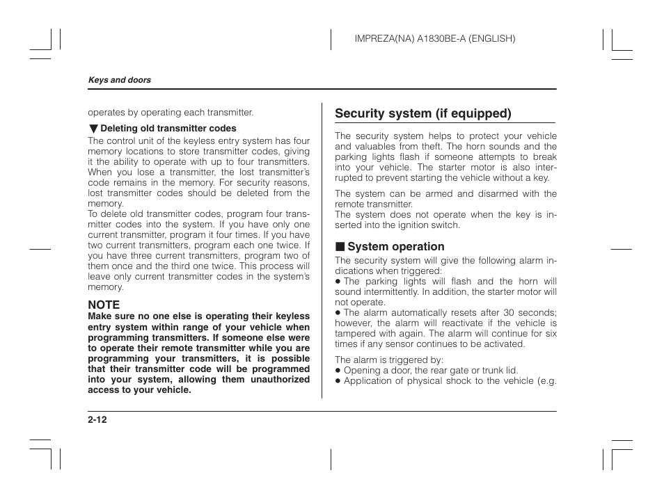 Security system (if equipped), System operation | Subaru 2002 Impreza User Manual | Page 97 / 390