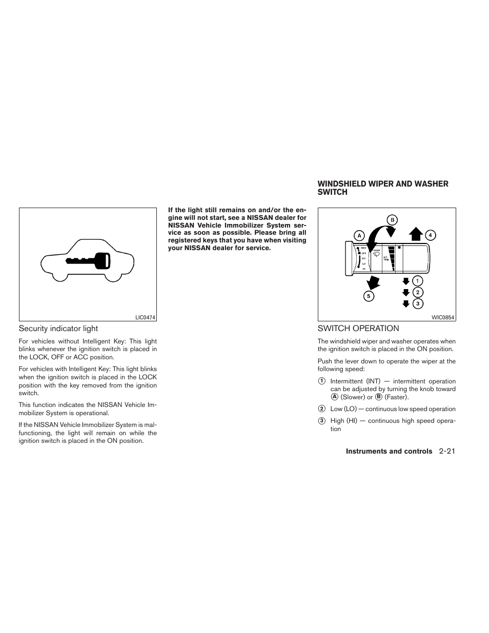 Windshield wiper and washer switch -21, Switch operation -21 | NISSAN 2012 Sentra User Manual | Page 100 / 366