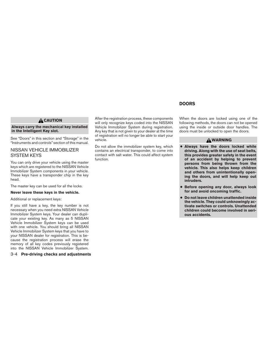 Nissan vehicle immobilizer system keys -4, Doors -4 | NISSAN 2012 Sentra User Manual | Page 125 / 366