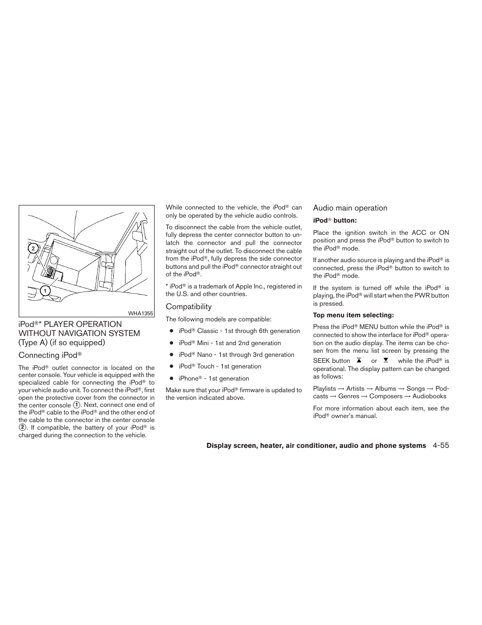 Ipod, Player operation without navigation, System (type a) (if so equipped) -55 | NISSAN 2012 Sentra User Manual | Page 208 / 366