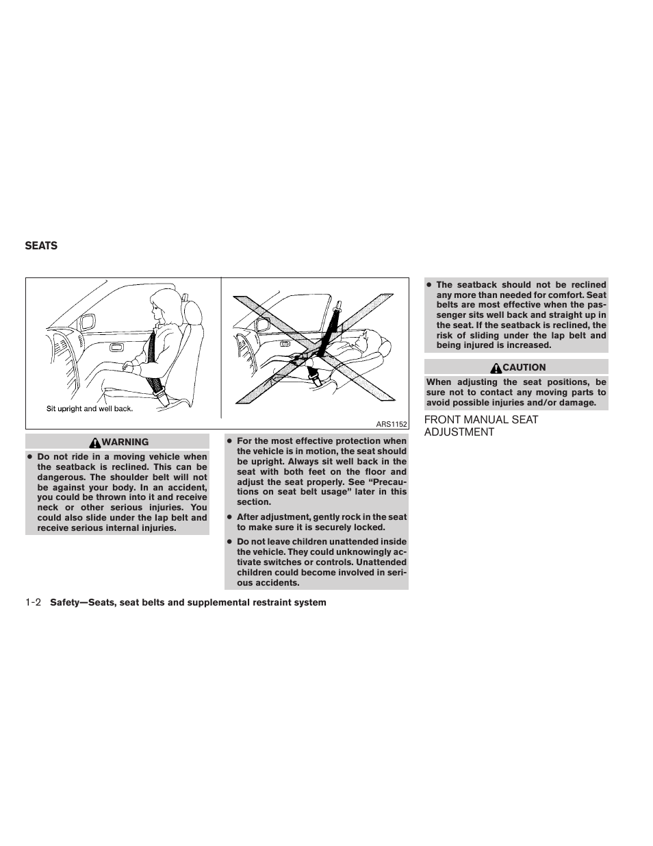 Seats -2, Front manual seat adjustment -2 | NISSAN 2012 Sentra User Manual | Page 21 / 366