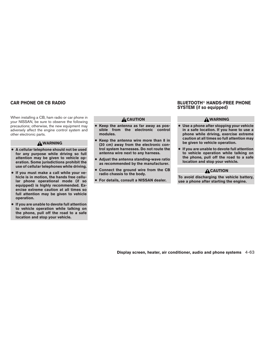 Car phone or cb radio -63 bluetooth, Hands-free phone system, If so equipped) -63 | NISSAN 2012 Sentra User Manual | Page 216 / 366