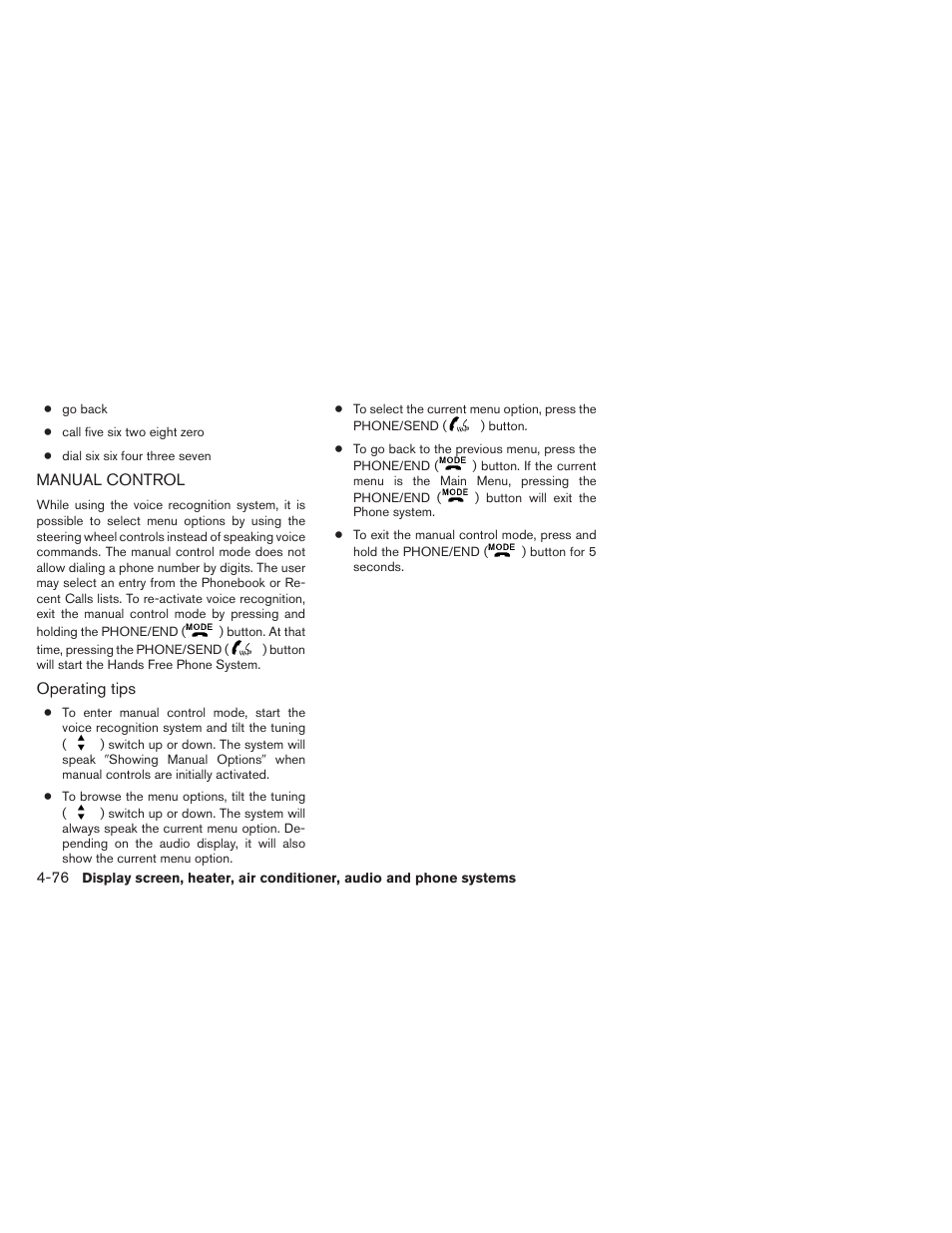 Manual control -76 | NISSAN 2012 Sentra User Manual | Page 229 / 366