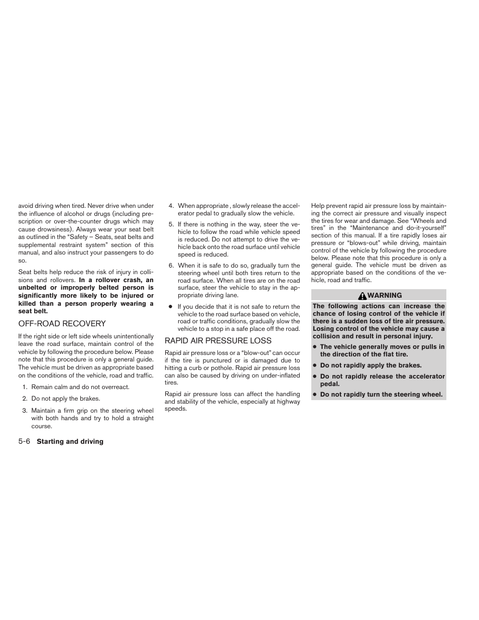 Off-road recovery -6 rapid air pressure loss -6 | NISSAN 2012 Sentra User Manual | Page 237 / 366