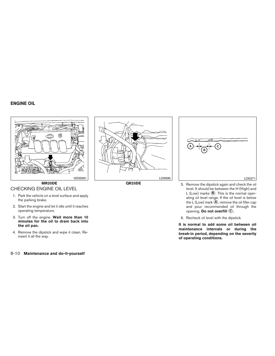 Engine oil -10, Checking engine oil level -10 | NISSAN 2012 Sentra User Manual | Page 297 / 366