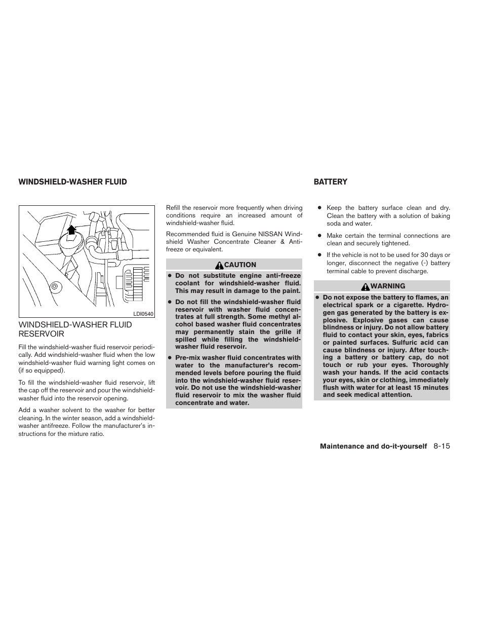 Windshield-washer fluid -15, Windshield-washer fluid reservoir -15, Battery -15 | NISSAN 2012 Sentra User Manual | Page 302 / 366