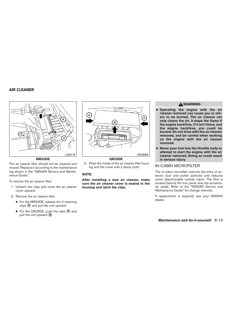 Air cleaner -19, In-cabin microfilter -19 | NISSAN 2012 Sentra User Manual | Page 306 / 366