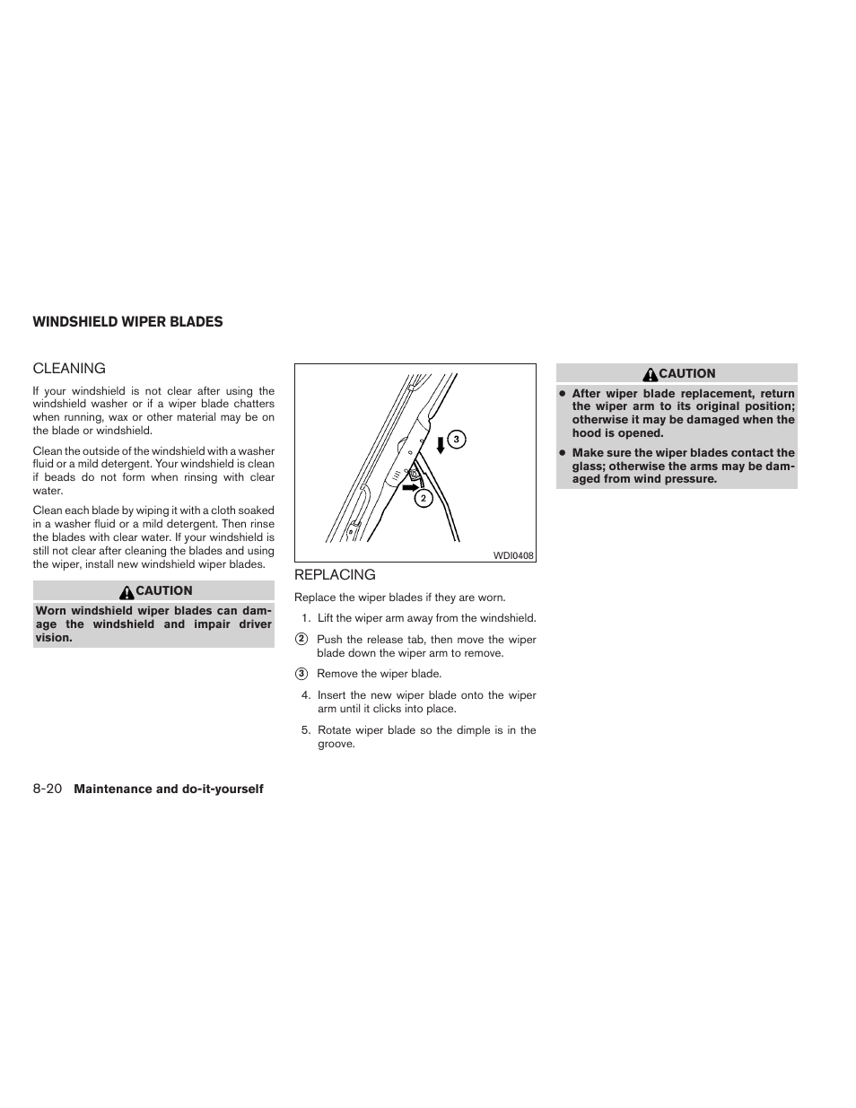 Windshield wiper blades -20, Cleaning -20 replacing -20 | NISSAN 2012 Sentra User Manual | Page 307 / 366