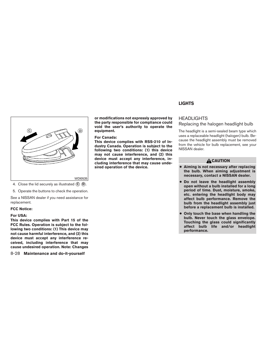Lights -28, Headlights -28 | NISSAN 2012 Sentra User Manual | Page 315 / 366