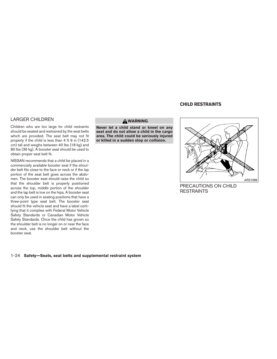 Larger children -24, Child restraints -24, Precautions on child restraints -24 | NISSAN 2012 Sentra User Manual | Page 43 / 366