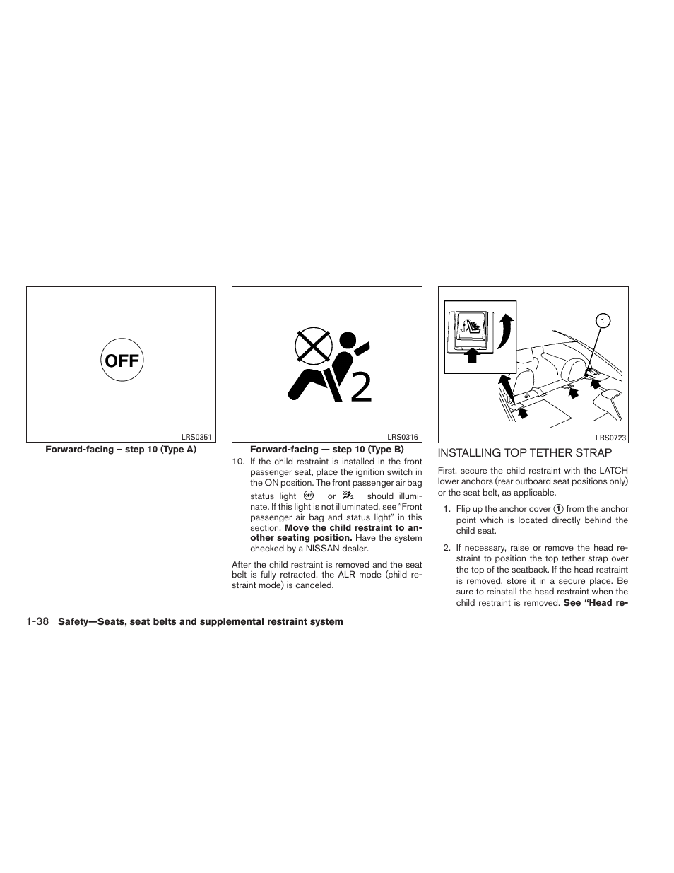 Installing top tether strap -38 | NISSAN 2012 Sentra User Manual | Page 57 / 366