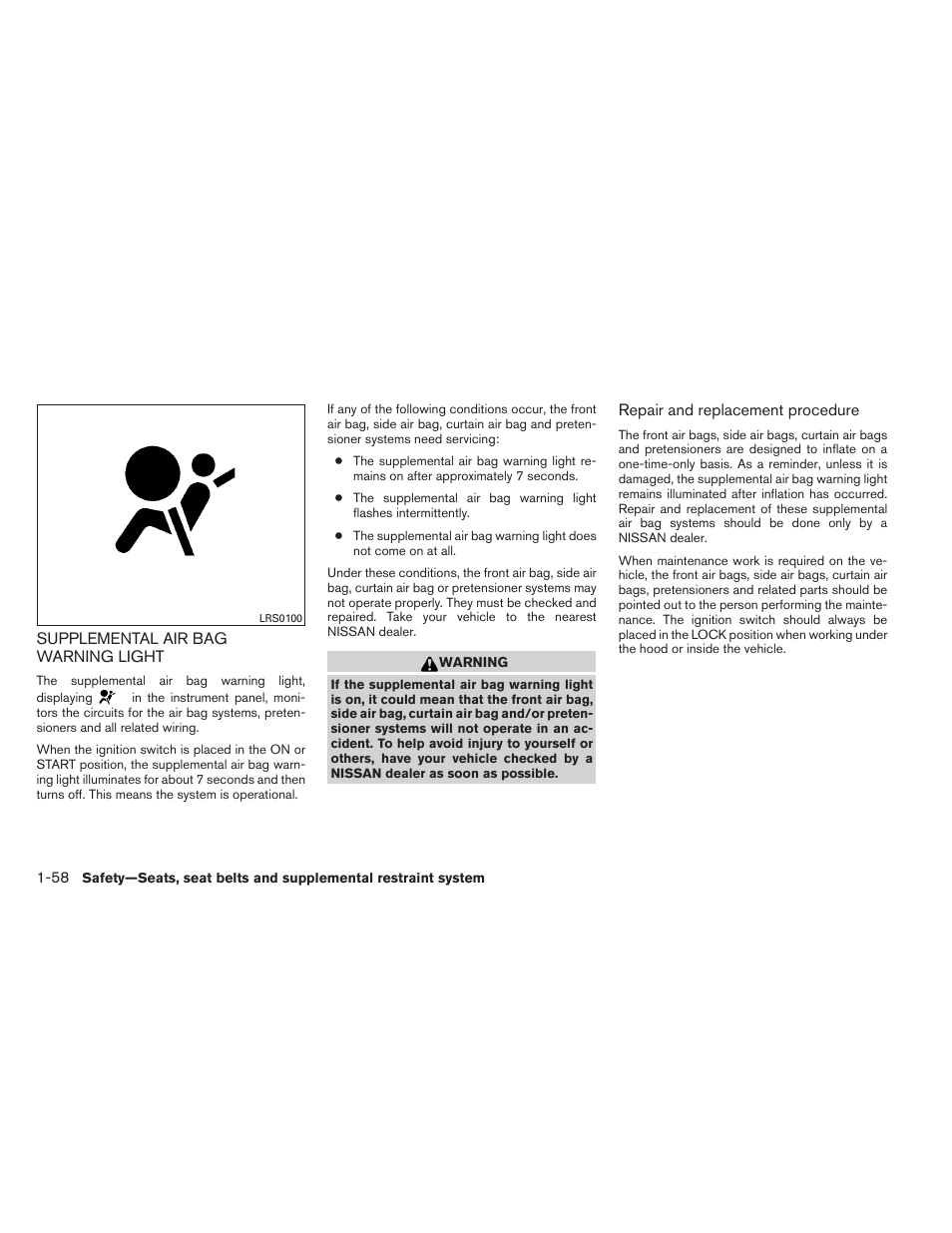 Supplemental air bag warning light -58 | NISSAN 2012 Sentra User Manual | Page 77 / 366