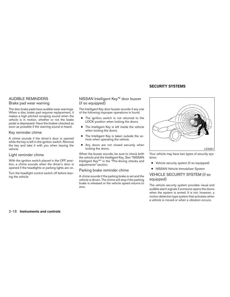 Audible reminders -18, Security systems -18, Vehicle security system (if so equipped) -18 | NISSAN 2012 Sentra User Manual | Page 97 / 366