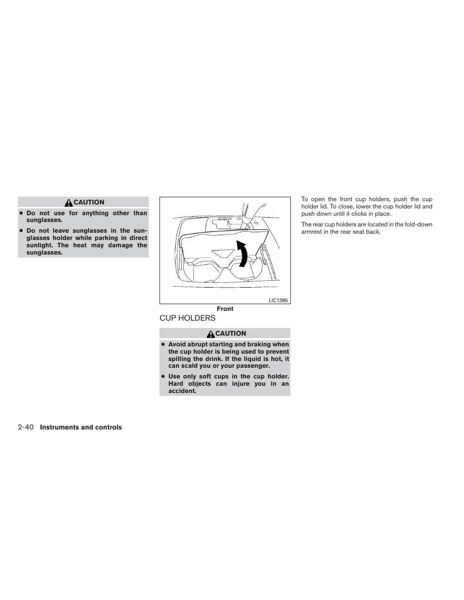 Cup holders -40 | NISSAN 2012 Maxima User Manual | Page 111 / 452