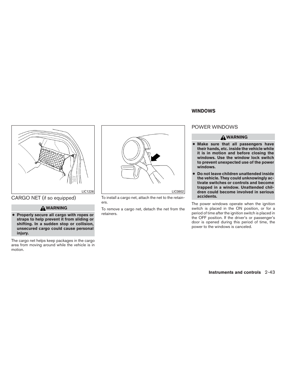 Cargo net (if so equipped) -43, Windows -43, Power windows -43 | NISSAN 2012 Maxima User Manual | Page 114 / 452
