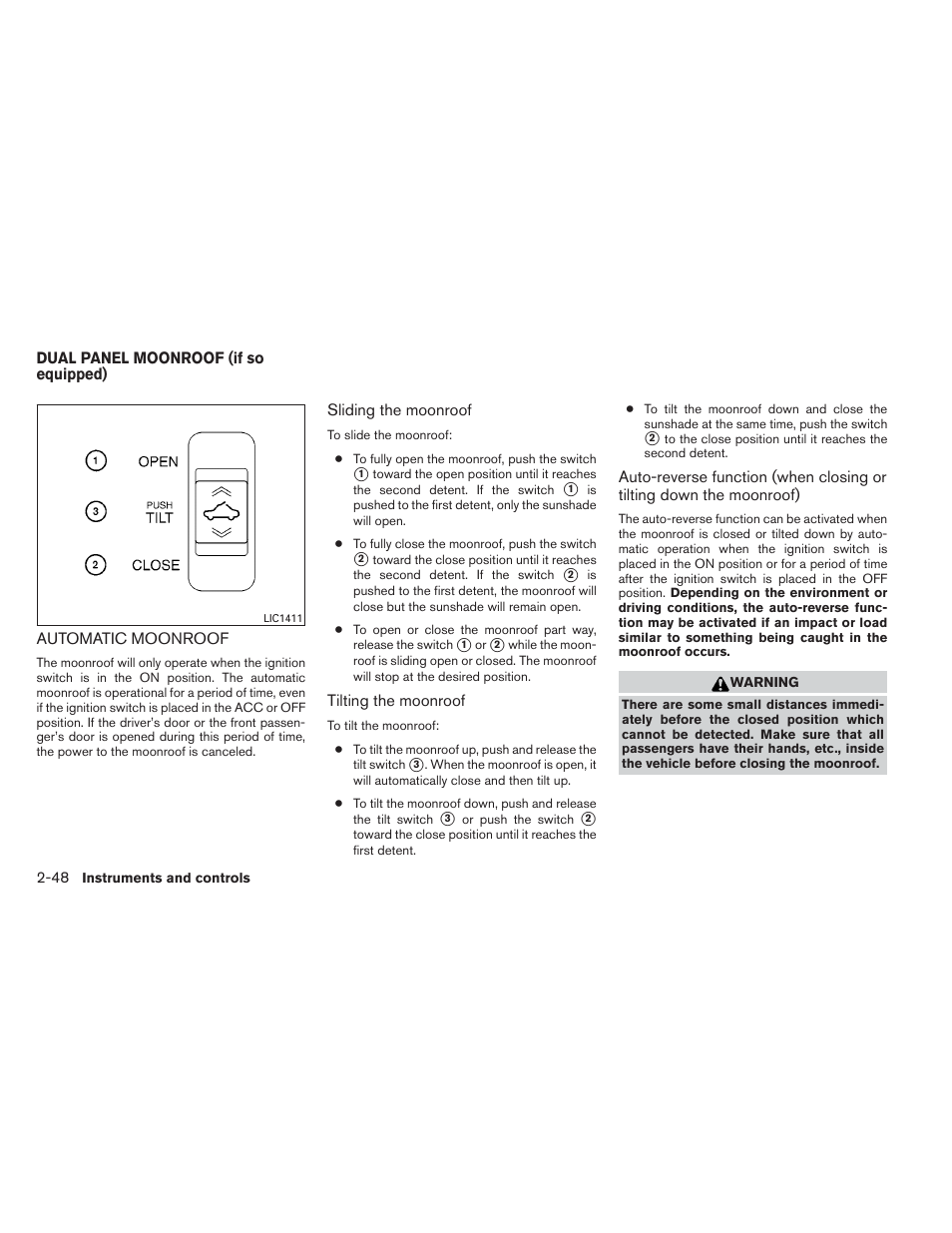 Dual panel moonroof (if so equipped) -48, Automatic moonroof -48 | NISSAN 2012 Maxima User Manual | Page 119 / 452