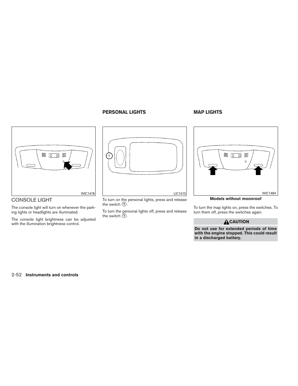 Console light -52, Personal lights -52 map lights -52 | NISSAN 2012 Maxima User Manual | Page 123 / 452