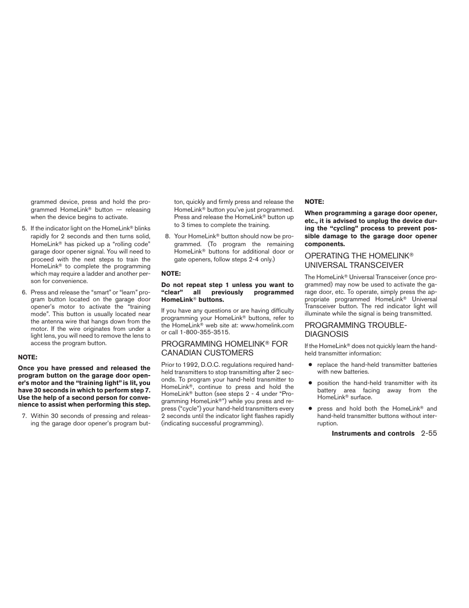 Programming homelink, For canadian, Customers -55 operating the homelink | Universal, Transceiver -55 programming trouble-diagnosis -55 | NISSAN 2012 Maxima User Manual | Page 126 / 452