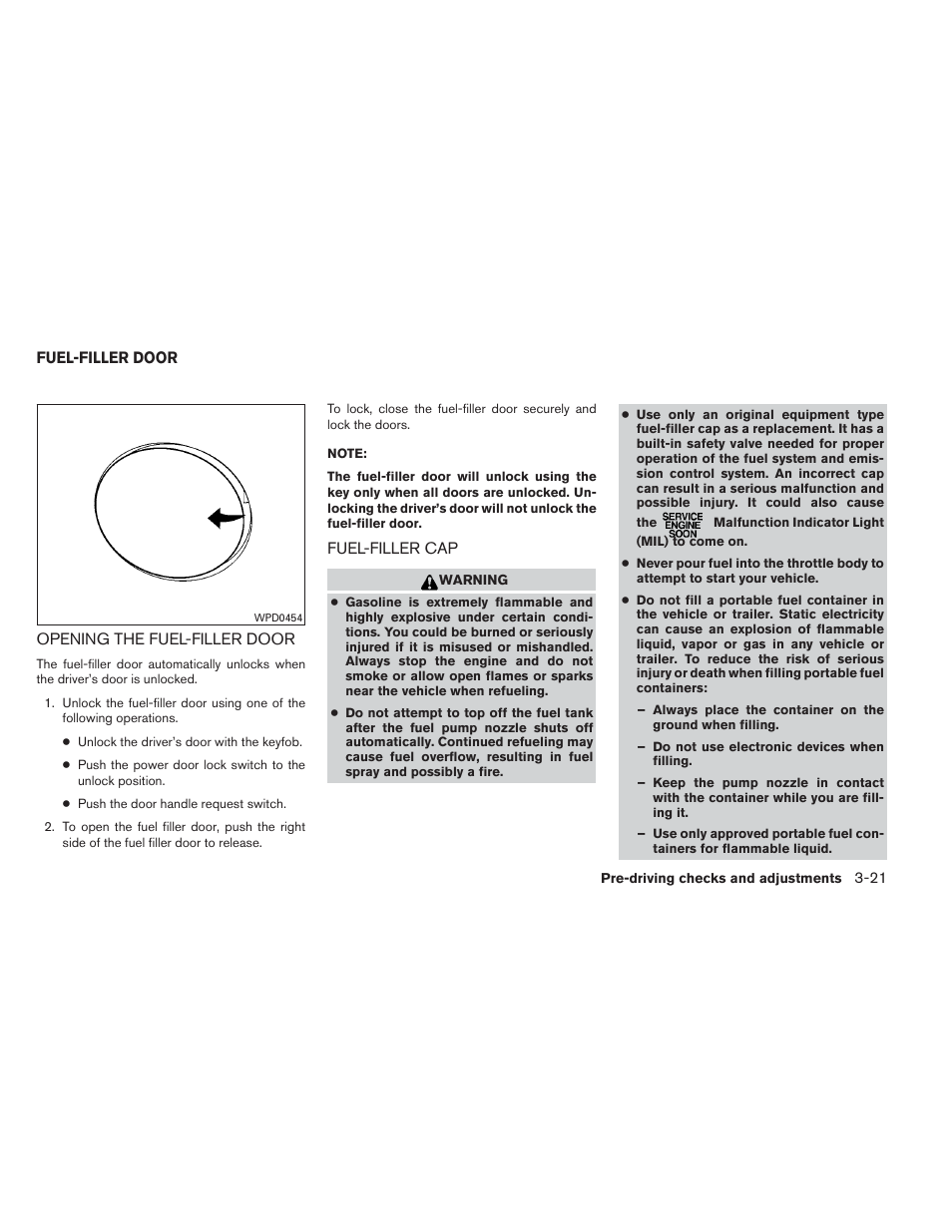 Fuel-filler door -21 | NISSAN 2012 Maxima User Manual | Page 148 / 452