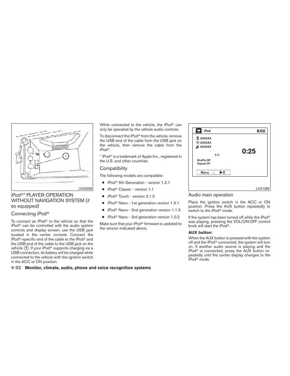 Ipod, Player operation without navigation, System (if so equipped) -92 | NISSAN 2012 Maxima User Manual | Page 251 / 452