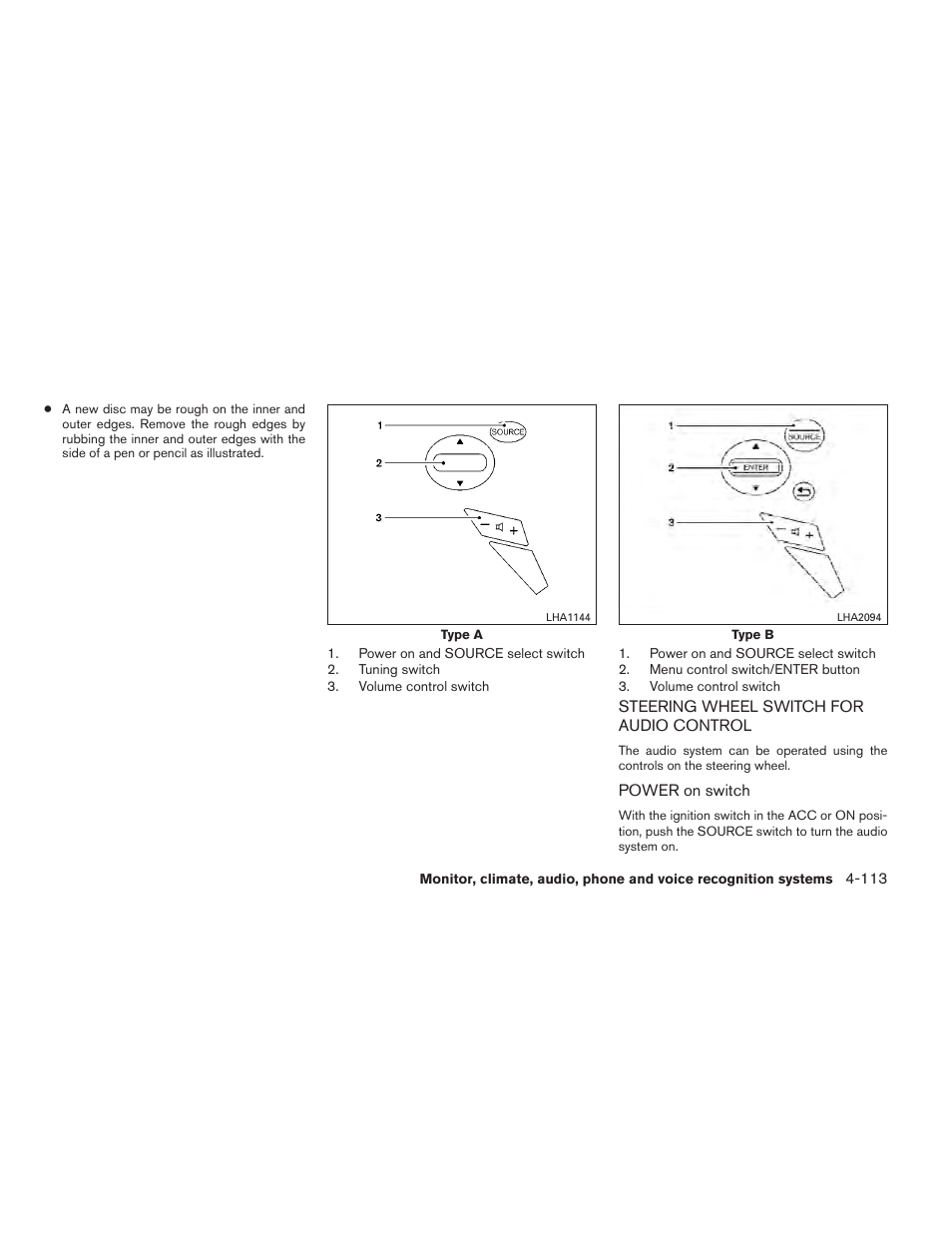 Steering wheel switch for audio control -113 | NISSAN 2012 Maxima User Manual | Page 272 / 452